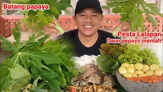 MAKAN DAUN PAPAYA DAN BATANG PAPAYA MENTAH LALAPAN JENGKOL MENTAH IKAN ASIN SAMBAL TERASI #mukbang