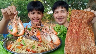 ตำบักหุ่งรสเด็ด กุ้งนึ่งตัวใหญ่ๆ หมูกรอบพริกไทยดำ มากินด้วยกันเด้อ.