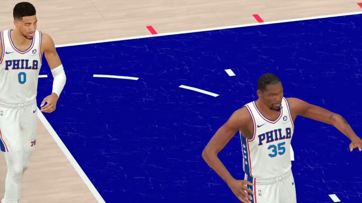 Kevin Durant and Tyrese haliburton in sixers jersey