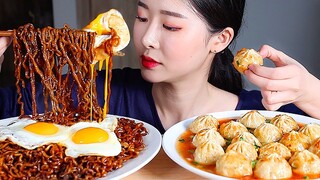 짜파게티 퐁당만두 리얼사운드먹방/Black Bean Noodles(Chapagetti) Dumplings Mukbang Eating Show Bánh bao チャパゲティ