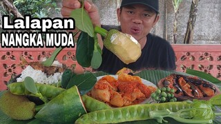 MUKBANG LALAPAN BATANG PEPAYA MENTAH NANGKA MUDA  IKAN ASIN PEDA + SAMBAL TERASI PEDAS BIKIN NAGIH