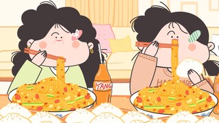 -Yanghuahua Animation Food Broadcast | Fried noodles with soybean paste and a small amount of meat b