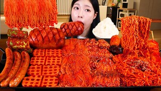 ASMR MUKBANG| 직접 만든 불닭 버섯 불닭쌈 양념치킨 소세지 먹방 & 레시피 SPICY MUSHROOMS AND FIRE NOODLES EATING