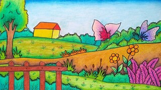 Cara menggambar pemandangan taman || Menggambar pekarangan rumah || Belajar menggambar dan mewarnai