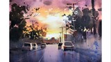 [Vẽ]Bức tranh màu nước cảnh hoàng hôn trên đường phố