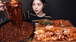 SUB)꾸덕바삭 슈프림 양념치킨에 짜왕 먹방! 처갓집 치킨 짜장라면 꿀조합 리얼사운드 Chicken and Jajang Ramyeon Mukbang Asmr