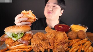 Mukbang humbeger thịt gà chiên,khoai tây chiên và viên phô mai #mukbang #mukbangASMR