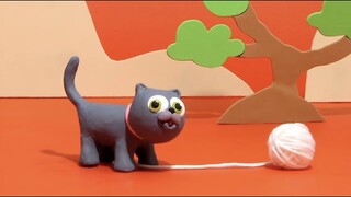 Cat playing whool ball funny cartoon for children - BabyClay animals