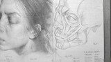 Skeleton, muscle, skin, pencil drawing