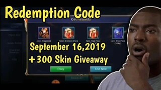 Redemption Code in Mobile Legends | September 16,2019 + 300 Skin Giveaway