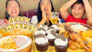 DQ STRAWBERRY CASHEW CHEESECAKE, CC CUPCAKES, PIZZA, ROASTED CHICKEN | BIRTHDAY MUKBANG