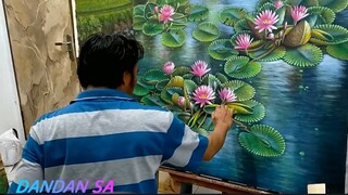 MELUKIS - LUKISAN BUNGA TERATAI INDAH / Beautiful Lotus Flower Painting By DANDAN SA - INDONESIA