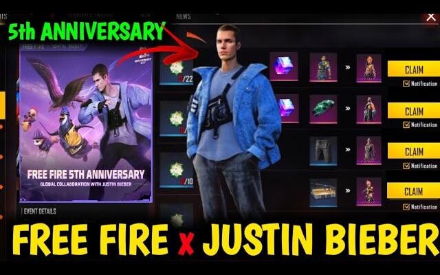 Free Fire X Justin Bieber รางวัลฟรี Free Fire ครบรอบ 5 ปี Free Fire กิจกรรมใหม่ Ff