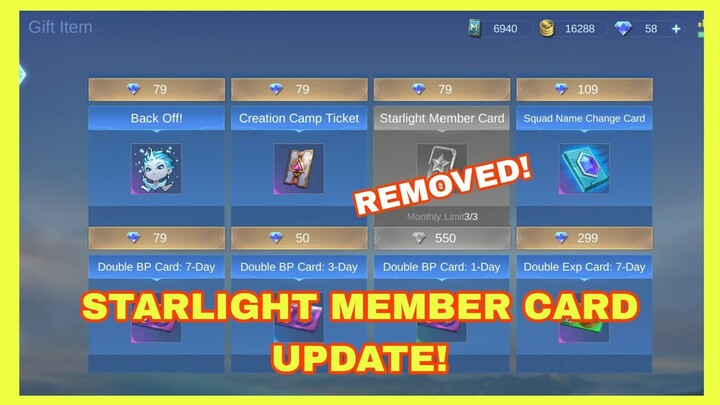 STARLIGHT MEMBER CARD REMOVED IN THE SHOP! MOBILE LEGENDS BANG BANG