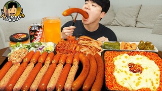 ASMR MUKBANG 직접 만든 대왕 소세지 불닭볶음면 핫도그 쉬림프링 먹방 & 레시피 FIRE NOODLES AND SAUSAGE EATING SOUND!