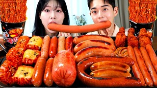 ASMR MUKBANG| 직접 만든 불닭볶음면 양념치킨 소세지 먹방 & 레시피 SAUSAGES AND FIRE NOODLES EATING