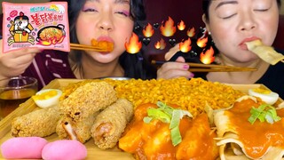 SAMYANG CARBONARA PINK, PORK CHEESE CUTLET, FISH CAKE & TOPPOKKI | COLLAB WITH @Akis ASMR