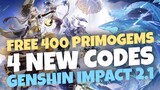 4 NEW Livestream CODES + #400PRIMOGEMS | Genshin Impact 2.1