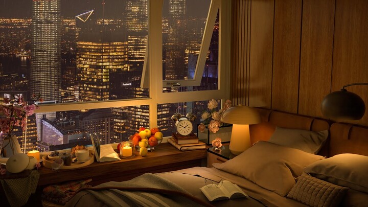 4K Cozy Bedroom with Jazz Music - Autumn Night - Relaxing Jazz Music for Sleep, Study, Calm