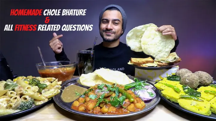 All homemade food MUKBANG | Chole bhature, Dhokla, White sauce chicken pasta, Bread Omelette, Laddoo