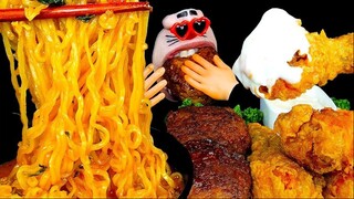 [Real Mouth] Mỳ Ramen cay ăn cùng thịt bò và gà rán giòn rụm, thơm lừng #asmr #mukbang