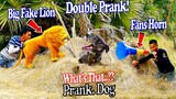 Big Fake Lion vs Real Dogs Prank Challenge 2021 | Double Prank Big Fake Lion & Fans Horn Prank Dogs