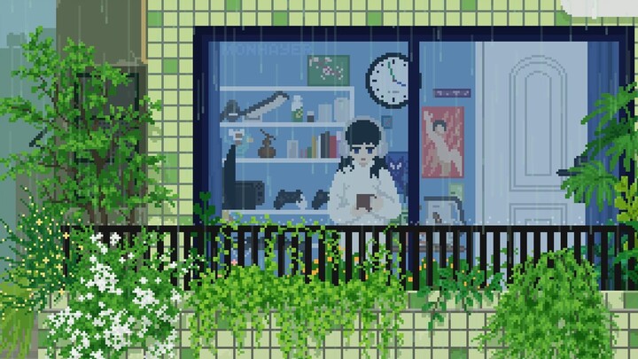 ฤดูใบไม้ผลิ ฝนตกปรอยๆ ในอาคาร กาแฟ ดนตรี ต้นไม้สีเขียว//Lofi และ Pixelart