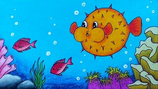 Cara menggambar dan mewarnai ikan || Menggambar ikan buntal