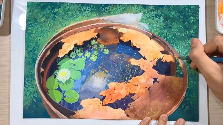 Hand-painted process of opaque watercolor "Lotus Four-leaf Vegetable Stew"
