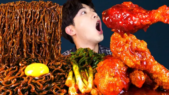 MUKBANG ASMRㅣDelicious! Spicy Chicken + Black Bean Noodles + Kimchi Eat🍗Korean 후니 Hoony Eating Sound
