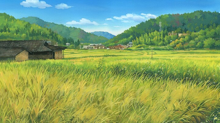 Opaque watercolor original painting of rice field landscape for a friend