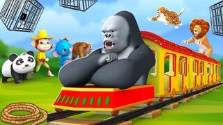 Monkey Rescue Funny Animals from Gorilla Thief Train | 3D Cartoon Animals Animated Comedy Videos