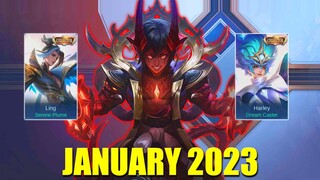 SKIN COLLECTOR JANUARY 2023 | DYRROTH NARAKA FLAME - LING SERENE PLUME - HARLEY DREAM CASTER | MLBB