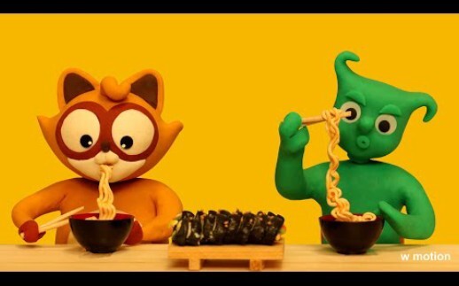 "Clay Stop Motion Animation" is a little cute and a little cute raccoon ramen