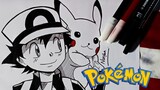 Ash Ketchum and Pokemon SPEED DRAWING || Black&white Art