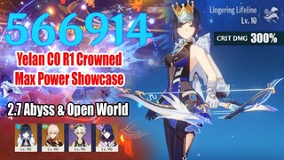 Yelan C0 R1 Crowned 300% Crit DMG Max Power Abyss 2.7 & Open World 570k DMG Showcase