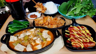 강된장+삼겹살김치볶음+프랑크소시지+쌀밥 한식요리 먹방 MUKBANG