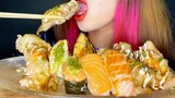 ASMR Salmon Salad Sushi + Burnt Salmon + Burnt Pork Belly + Mussels + Shrimp MUKBANG