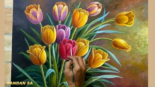 HOW To Paint TULIP FLOWER By DANDAN SA / CARA Melukis - Menggambar BUNGA TULIP Cantik, tutorial 78