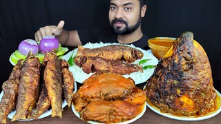 SPICY BIG FISH CURRY, ROHU FISH HEAD CURRY, SMALL FISH FRY, RICE, SALAD ASMR MUKBANG EATING SHOW ||