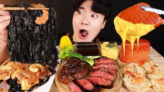 ASMR MUKBANG 짜파게티 & 치즈 통스팸 & 스테이크 BLACK BEAN NOODLES & STEAK & CHEESE SPAM EATING SOUND!