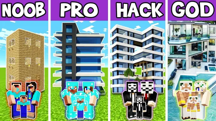 Minecraft: FAMILY FUTURISTIC HOTEL BUILD CHALLENGE - NOOB vs PRO vs HACKER vs GOD in Minecraft