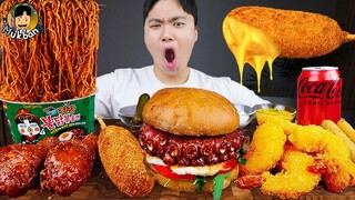 ASMR MUKBANG 직접 만든 햄버거 치즈스틱 불닭볶음면 핫도그 먹방 & 레시피 FIRE NOODLES AND SEAFOOD BURGER EATING SOUND!