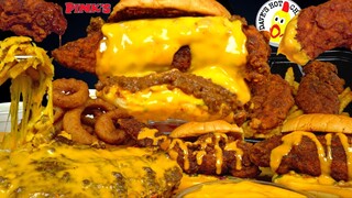 ASMR MUKBANG DAVES HOT CHICKEN BURGERS, CHILI CHEESE FRIES, MAC N CHEESE | WITH CHEESE & ONION RINGS