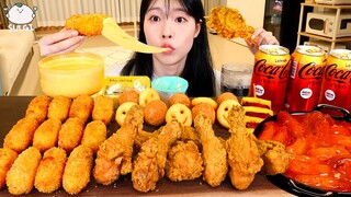 ASMR MUKBANG| 직접 만든 후라이드 치킨 떡볶이 치즈볼 치즈스틱 먹방 & 레시피 FRIED CHICKEN AND CHEESE BALL EATING