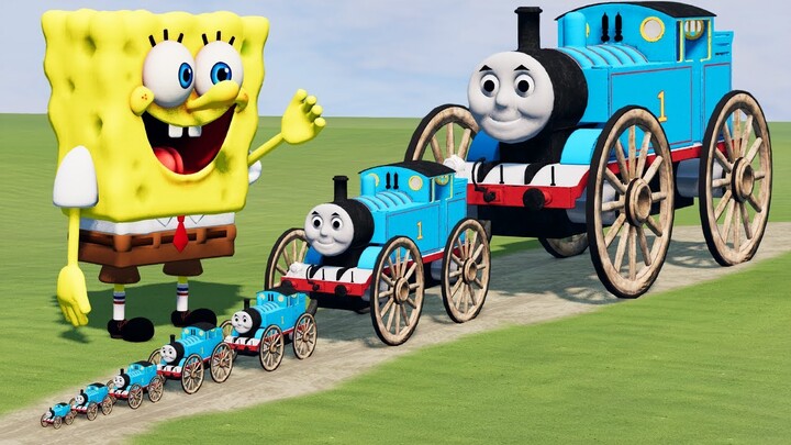 Big & Small Thomas the Tank Engine with Monster Wooden Wheels vs SpongeBob | BeamNG.Drive