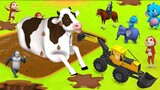 Gorilla Monkey Saves Cow from Mud with JCB Truck | Funny Animals Comedy Adventure 3D Cartoons