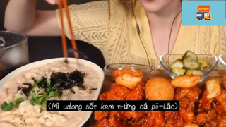 Mukbang mì sốt kem và thịt gà sốt cay #anngon