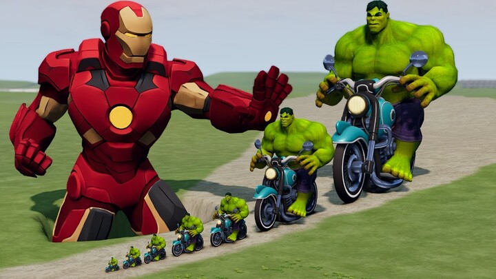 Big & Small Hulk on Motorcycle vs Iron Man | BeamNG.Drive