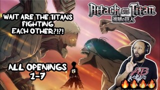 ATTACK ON TITAN OPENINGS 1-7 REACTION!!! OMG WHAT IS GOING ON?!?!